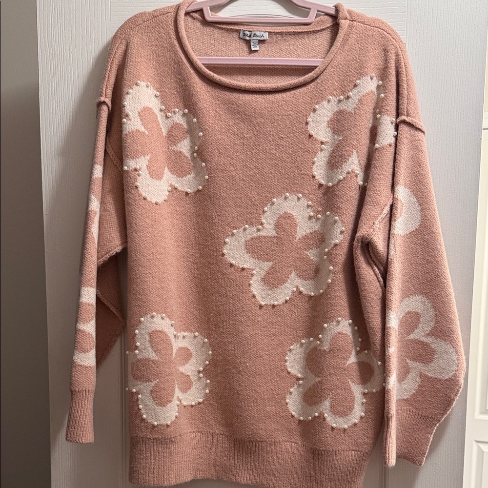 White Birch Pink Floral Crew Neck Sweater With Pearls